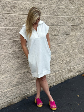 Dear Scarlett Textured Jacquard Half-Zip Dress with Pockets