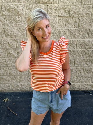 Game Day Glam: Orange Striped Ruffle Sleeve Knit Top