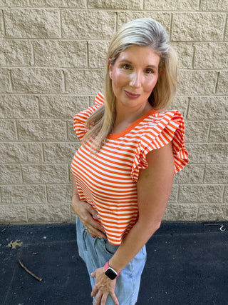 Game Day Glam: Orange Striped Ruffle Sleeve Knit Top