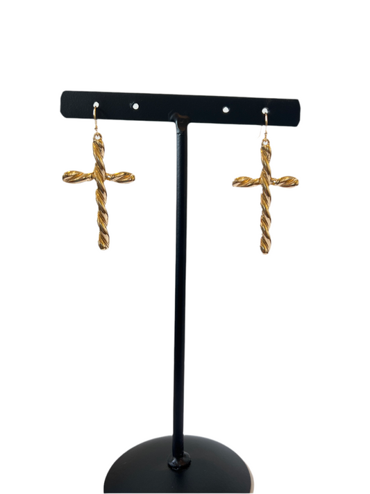 Radiant Gold Twist Cross Earrings - A Touch of Faithful Elegance