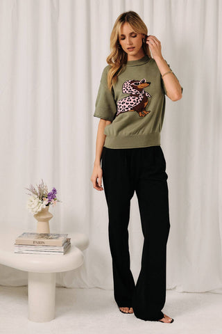 Round Neck Dachshund Graphic Short Sleeve Sweater Top