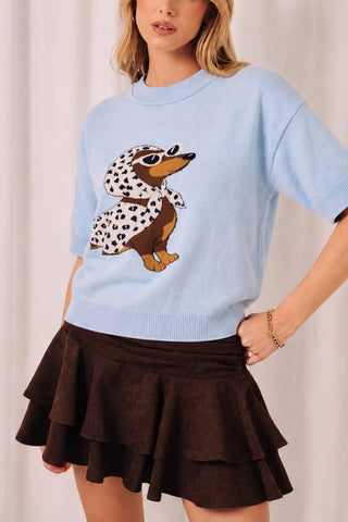 Round Neck Dachshund Graphic Short Sleeve Sweater Top