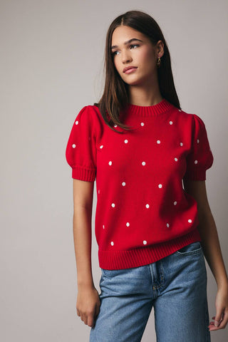 Embroidered Polka Dot Puff Sleeve Knit Sweater