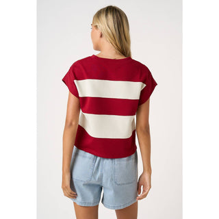 STRIPED SHORT CAP SLEEVE BOXY TOP