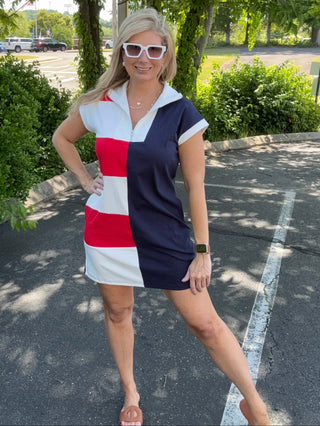 Patriotic Colorblock Zip-Up T-Shirt Dress