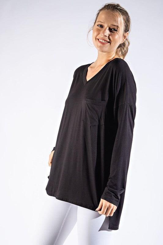 Plus Size High-Low Long Sleeve V-Neck Top with Pocket and Side Slit