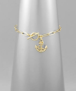Anchor Charm Toggle Bracelet – Nautical Gold Paperclip Chain