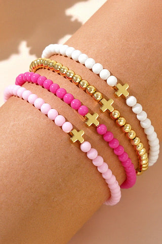 Gold Cross & Vibrant Beaded Multi-Layer Bracelet Set