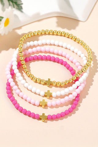 Gold Cross & Vibrant Beaded Multi-Layer Bracelet Set