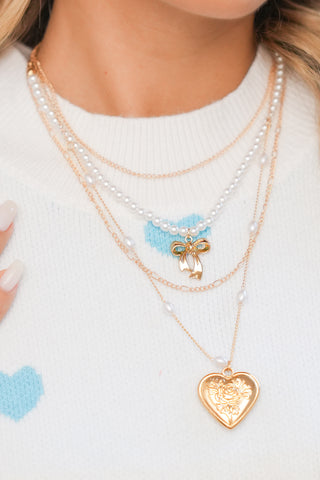 Gold Bow & Heart Pearl Layered Necklace