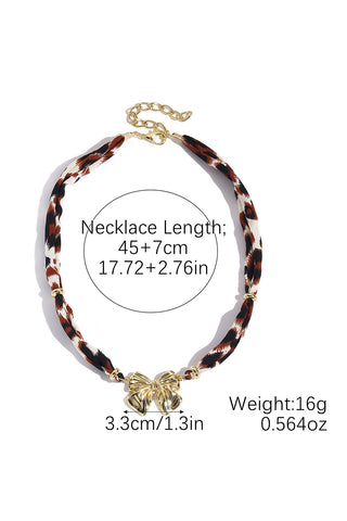 Gold Plated Bow Charm Leopard Ribbon Necklace