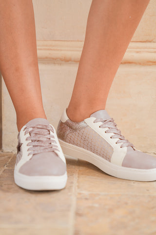 Gold Glitter Star Patchwork Leather Lace-Up Sneakers