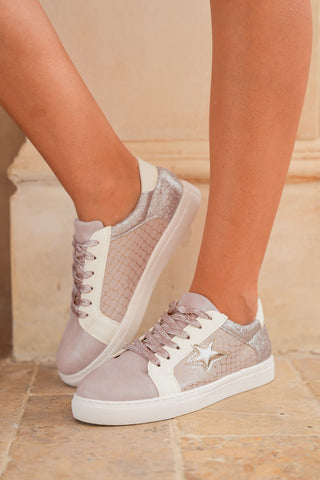 Gold Glitter Star Patchwork Leather Lace-Up Sneakers