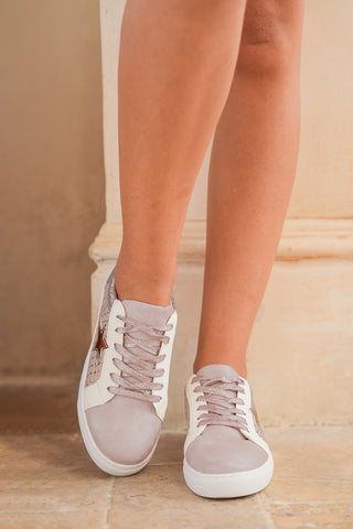 Gold Glitter Star Patchwork Leather Lace-Up Sneakers