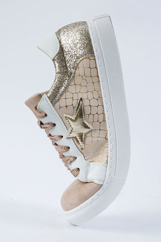 Gold Glitter Star Patchwork Leather Lace-Up Sneakers