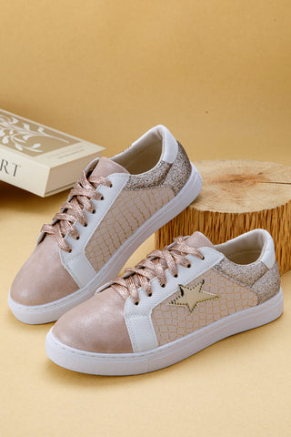 Gold Glitter Star Patchwork Leather Lace-Up Sneakers
