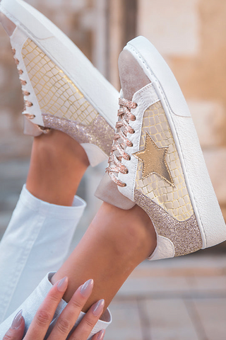 Gold Glitter Star Patchwork Leather Lace-Up Sneakers