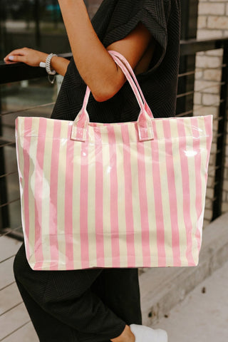 Glossy Pink Striped Large Tote Bag – Waterproof Vinyl Beach & Travel Carryall