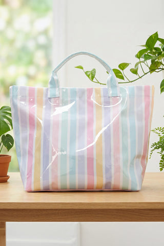 Pastel Rainbow Glossy Striped Waterproof Large Tote Bag