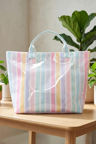 Pastel Rainbow Glossy Striped Waterproof Large Tote Bag