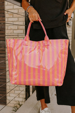 Sunset Striped Glossy Tote: Large Waterproof Vinyl Carryall