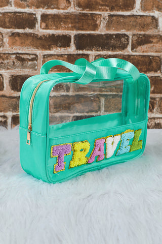 Mint Green TRAVEL Chenille Letter Clear PVC Makeup Bag