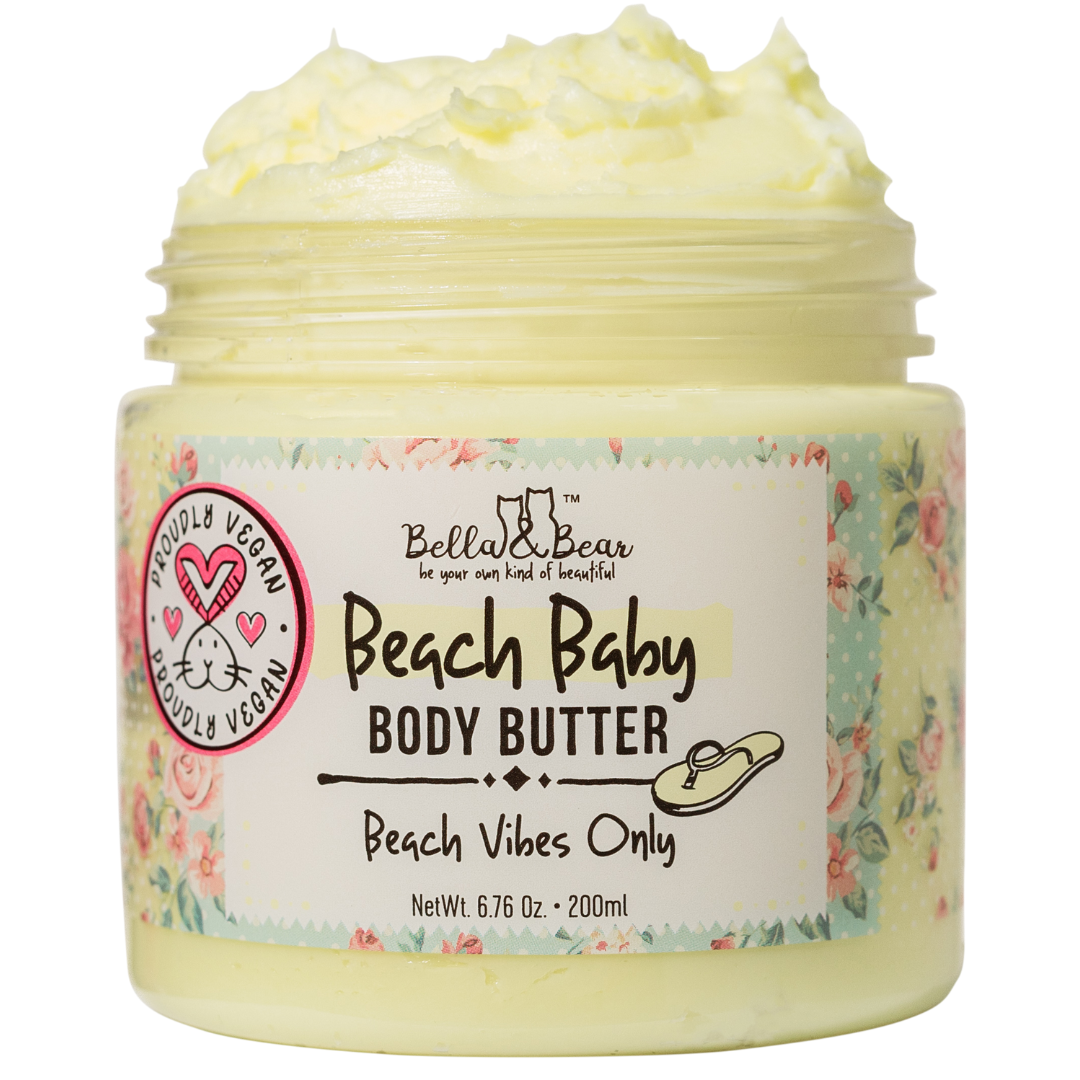 Bella & Bear Beach Baby Body Butter jar with pineapple and vanilla scent in pastel tropical packaging.