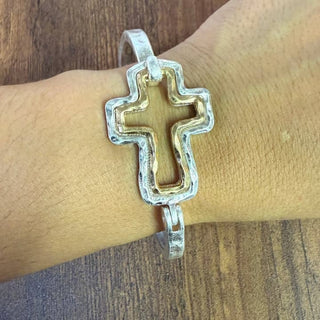 Faith & Grace Mixed Metal Cross Cuff Bracelet – Gold or Silver