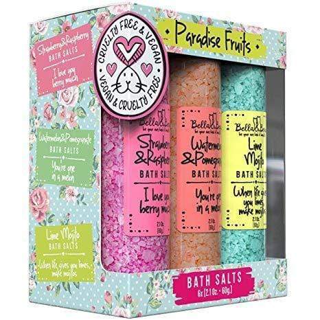 Bella & Bear Paradise Fruits Bath Salts Gift Set featuring Strawberry & Raspberry, Watermelon & Pomegranate, and Lime Mojito bath salts.