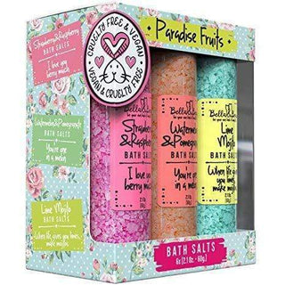 Bella & Bear Paradise Fruits Bath Salts Gift Set featuring Strawberry & Raspberry, Watermelon & Pomegranate, and Lime Mojito bath salts.