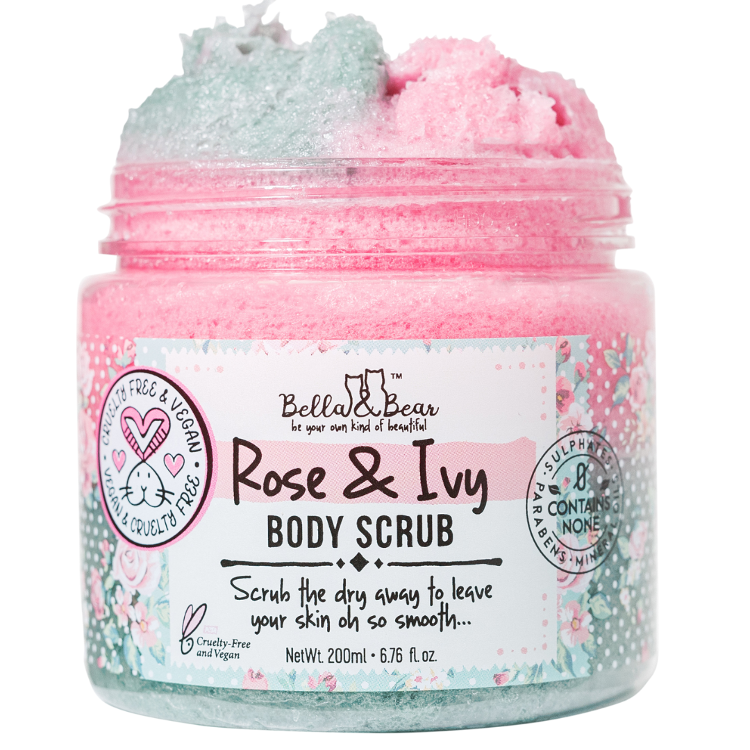 Bella & Bear Rose & Ivy pink and mint body scrub in jar, vegan and cruelty-free exfoliating body wash.