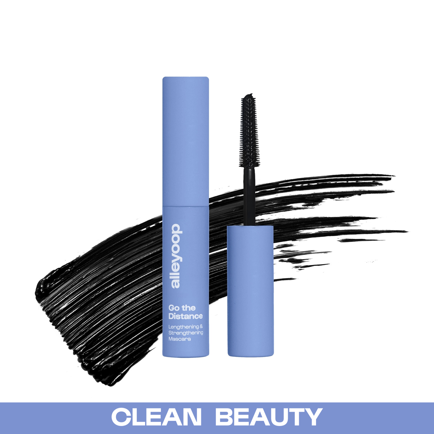 Alleyoop Go the Distance Clean Tubing Mascara Mini in black with blue packaging and brush applicator.