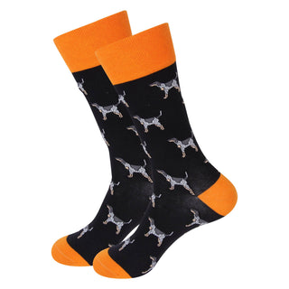 Black crew socks with orange trim and Bluetick Coonhound design from The Pink Doxie Boutique.