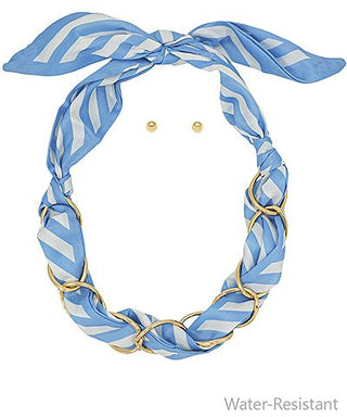 Blue striped scarf necklace with gold chain and bow detail