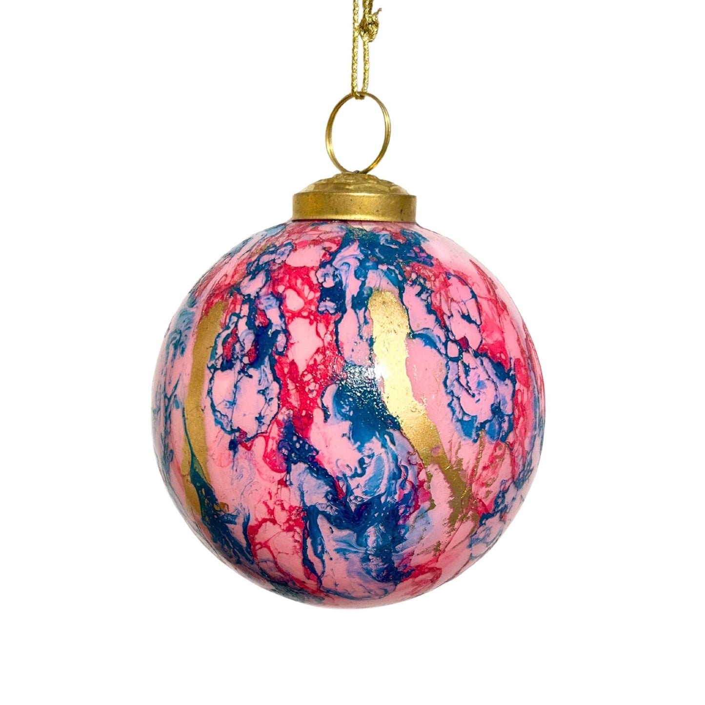 Hand-painted Christmas ornament featuring marbled watercolor design.