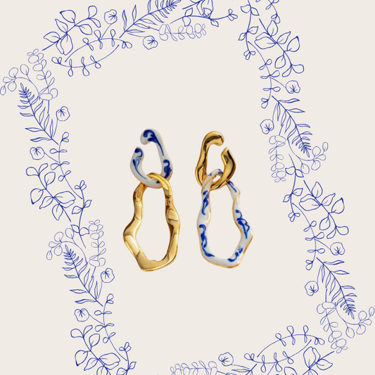 Blue & White Elegance Hollow Hoop Earrings with Gold Accents