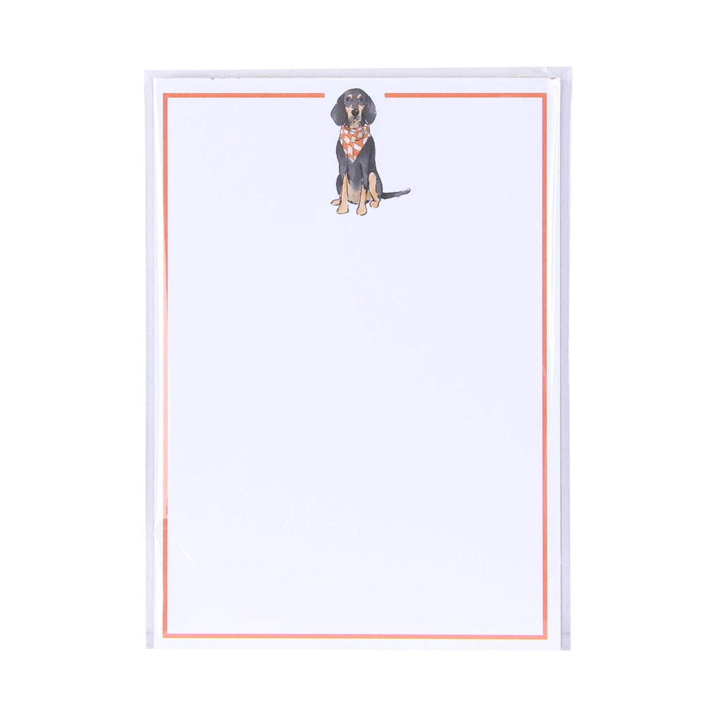 5x7 notepad featuring an illustrated Bluetick Coonhound with a red checkered bandana from The Pink Doxie Boutique.