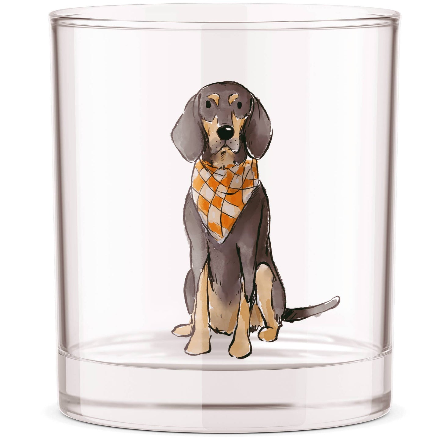 Clear rocks glass featuring a Bluetick Coonhound wearing an orange and white checkered bandana.