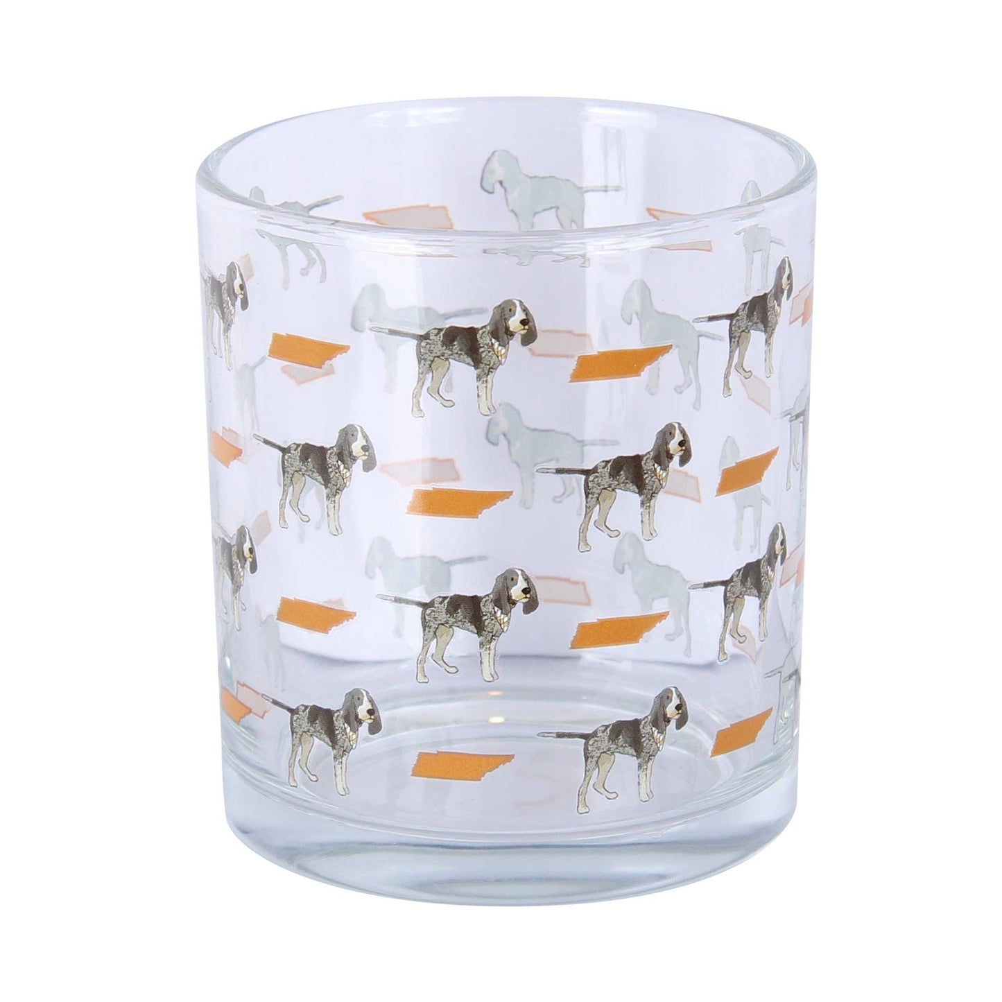 Clear rocks glass featuring a repeating pattern of Bluetick Coonhounds and orange Tennessee state shapes.