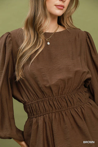 Smocked Waist Long Sleeve Peplum Blouse, Brown