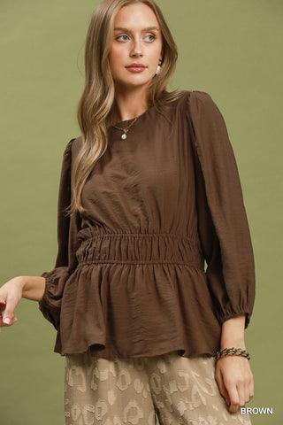 Smocked Waist Long Sleeve Peplum Blouse, Brown