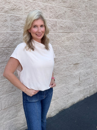 Draped Mock Neck Oversized Blouse in Ecru