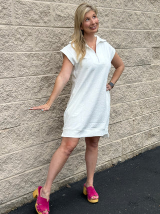 Dear Scarlett Textured Jacquard Half-Zip Dress with Pockets