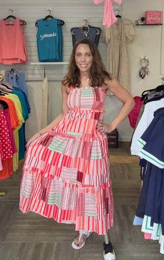 Boho Striped Wide-Strap Smocked Tiered Maxi Dress