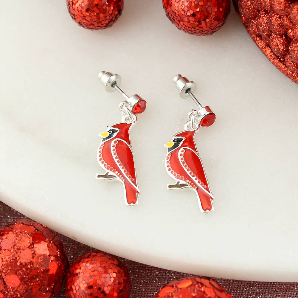 Silver-plated red enamel cardinal earrings with crystal accents — symbolic and festive jewelry from The Pink Doxie.