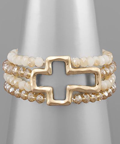 Faith-inspired bracelet with gold open cross and neutral beads