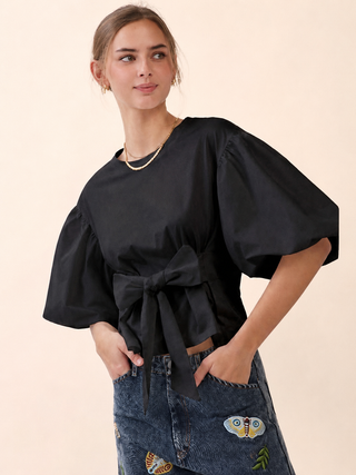 Poplin Puff Sleeve Tie-Front Blouse