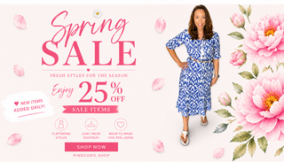 Spring sale advertisement with a woman in a blue dress and floral background