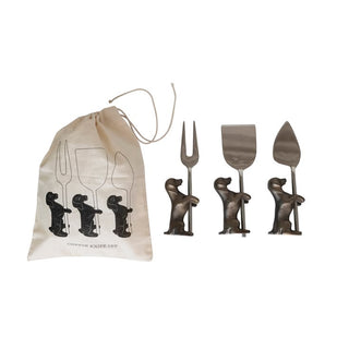 Standing Dachshund Cheese Knife Set: 6-Piece Antique Silver Charcuterie Tools