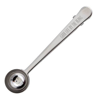 Stainless steel coffee scoop and clip engraved with “Grab Life by the Beans” — one-tablespoon coffee accessory from The Pink Doxie Boutique.